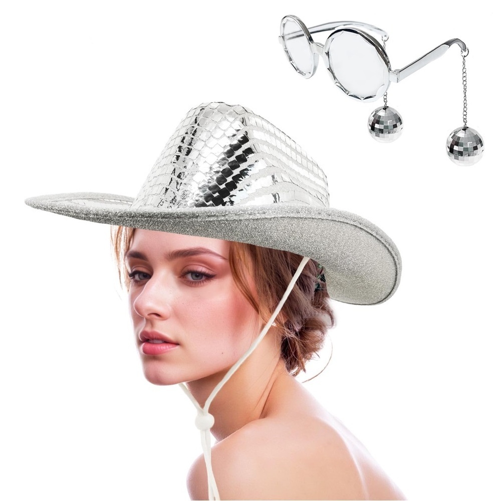 Disco Ball Western Cowboy Hat with Disco Sunglass, Sparkly Mirrored Cowgirl Hat
